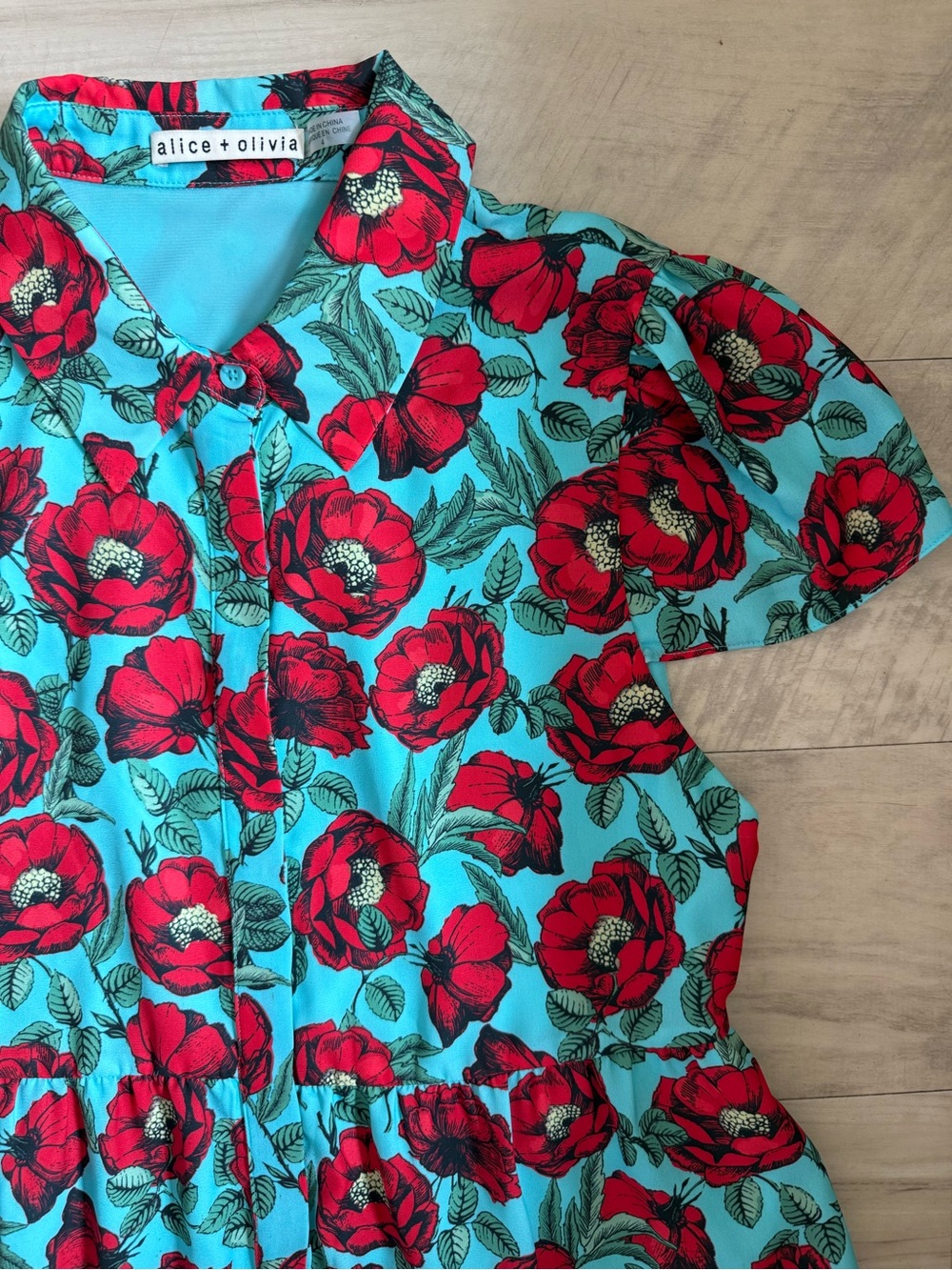 Alice + Olivia Aqua Dress with Red Floral Print - Picture 2 of 7